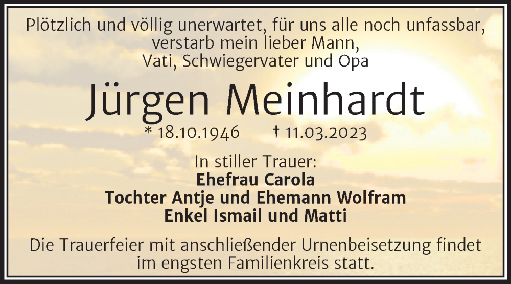  Traueranzeige für Jürgen Meinhardt vom 01.04.2023 aus Mitteldeutsche Zeitung Halle/Saalkreis