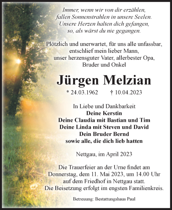 Traueranzeige von Jürgen Melzian von Volksstimme Altmark West