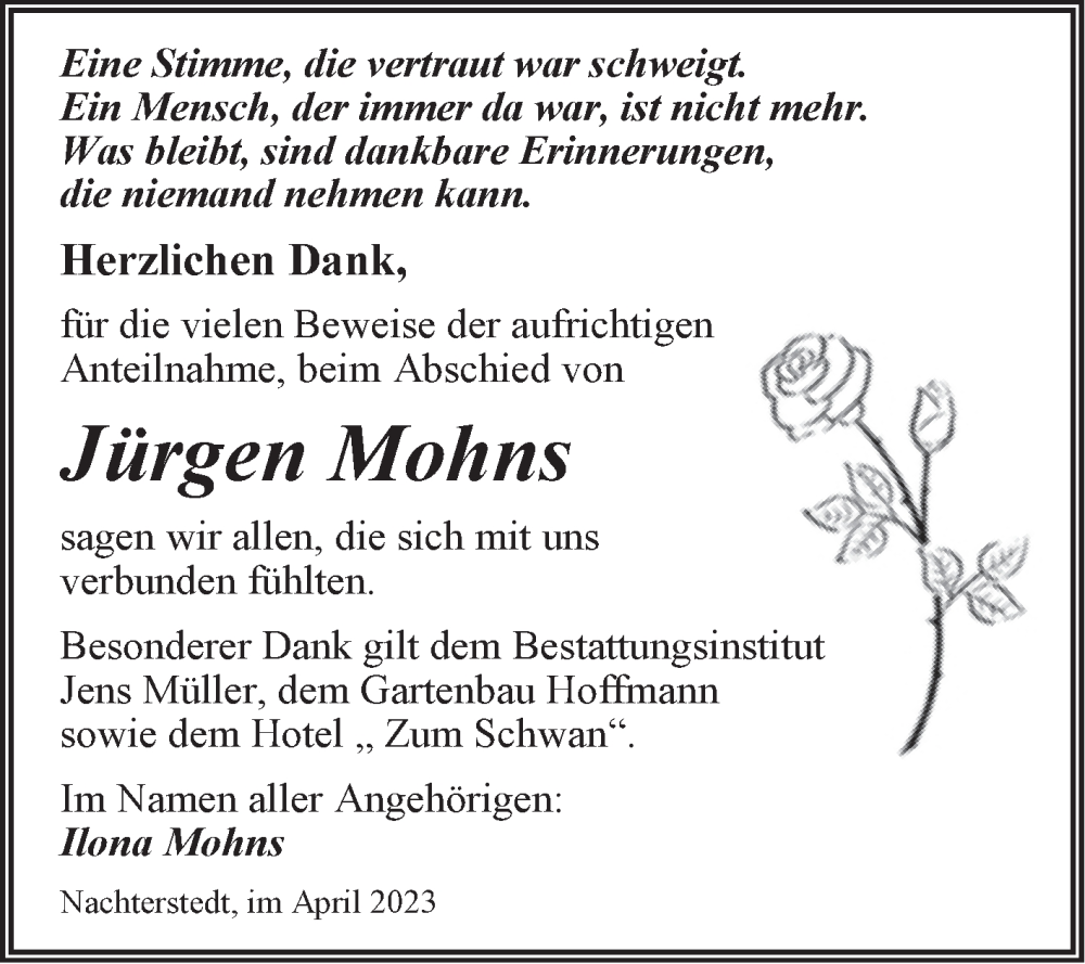  Traueranzeige für Jürgen Mohns vom 08.04.2023 aus Trauerkombi Aschersleben