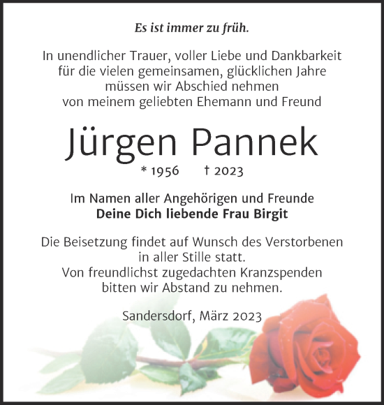 Traueranzeige von Jürgen Pannek von Trauerkombi Bitterfeld