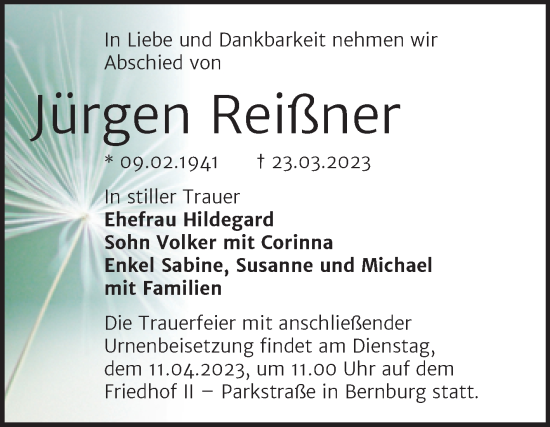 Traueranzeige von Jürgen Reißner von Trauerkombi Bernburg
