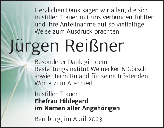Traueranzeige von Jürgen Reißner von Trauerkombi Bernburg