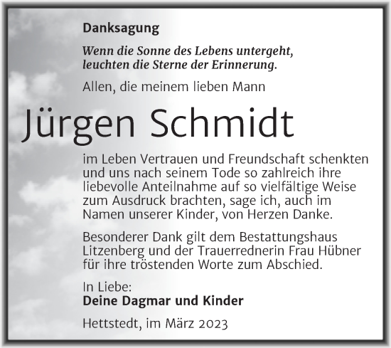 Traueranzeige von Jürgen Schmidt von Trauerkombi Mansfelder Land