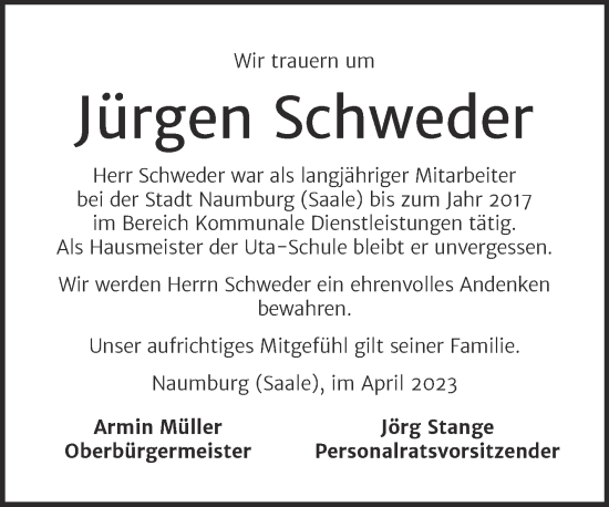 Traueranzeige von Jürgen Schweder von Naumburger Tageblatt