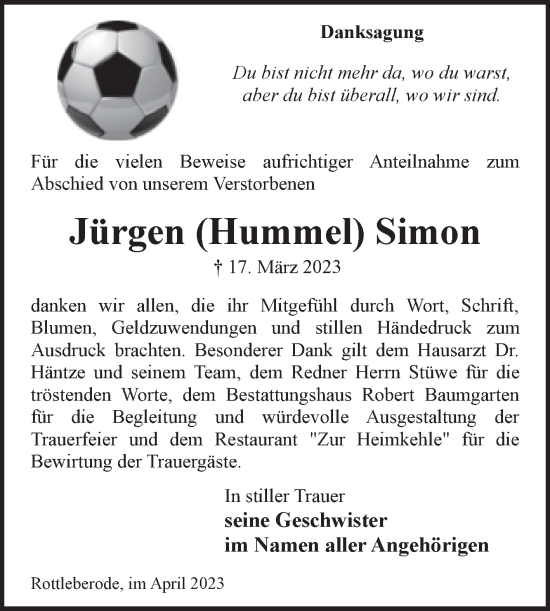 Traueranzeige von Jürgen Simon von Trauerkombi Sangerhausen