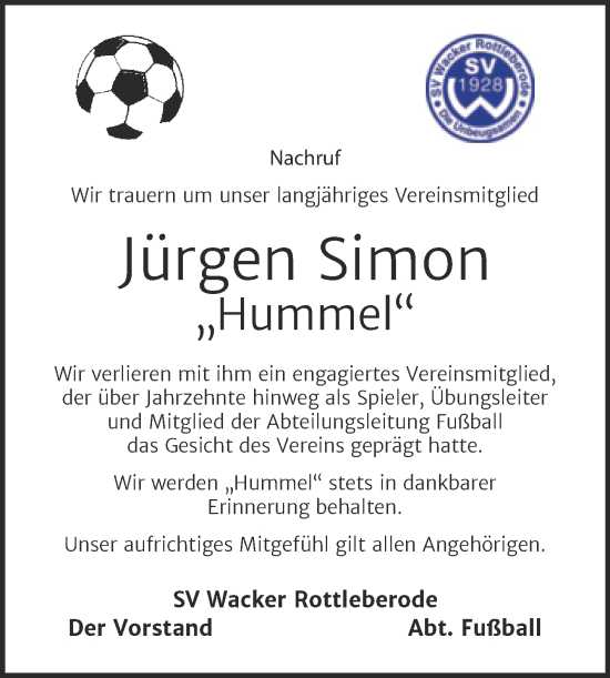 Traueranzeige von Jürgen Simon von Super Sonntag Sangerhausen