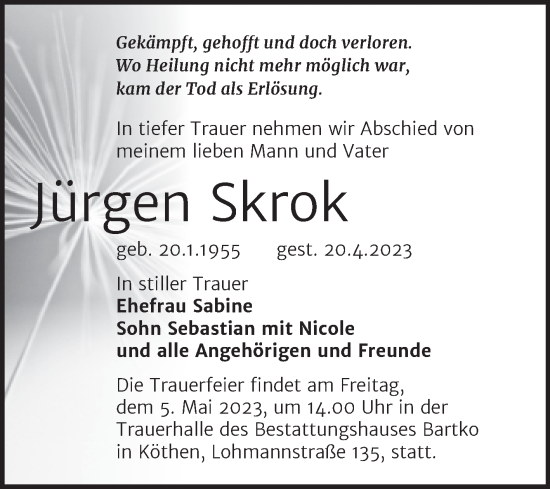 Traueranzeige von Jürgen Skrok von Trauerkombi Köthen