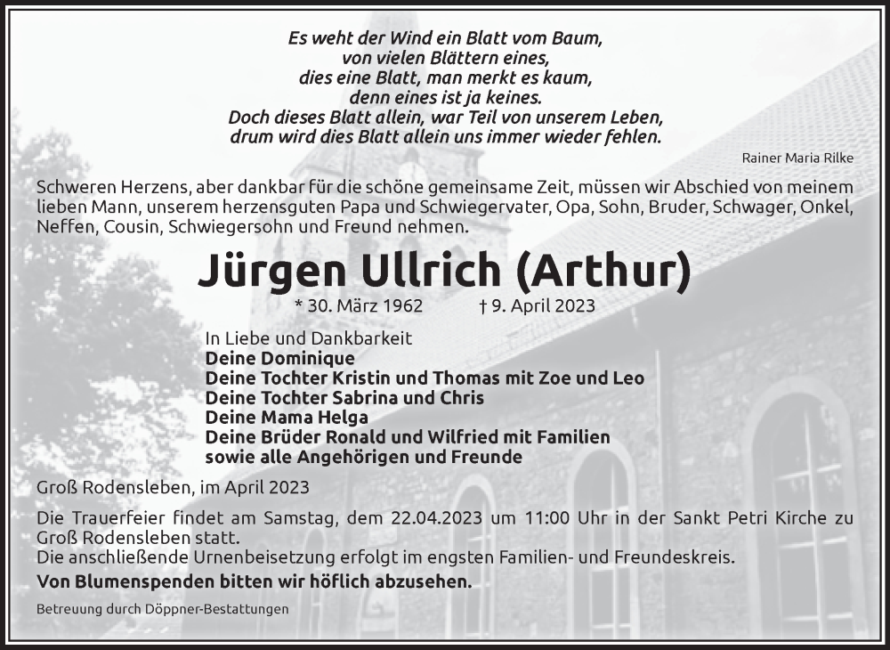  Traueranzeige für Jürgen Ullrich vom 15.04.2023 aus Volksstimme Oschersleben/Wanzleben