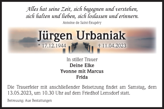 Traueranzeige von Jürgen Urbaniak von Volksstimme Magdeburg