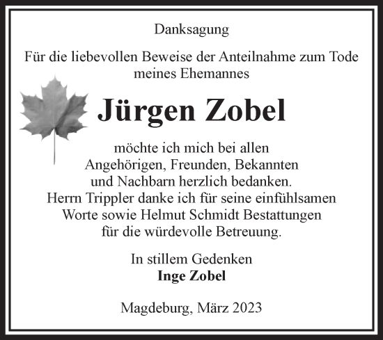 Traueranzeige von Jürgen Zobel von Volksstimme Magdeburg