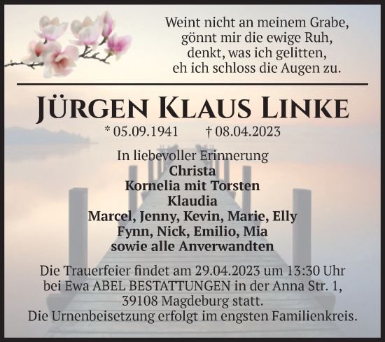 Traueranzeige von Jürgen Klaus Linke von Volksstimme Magdeburg