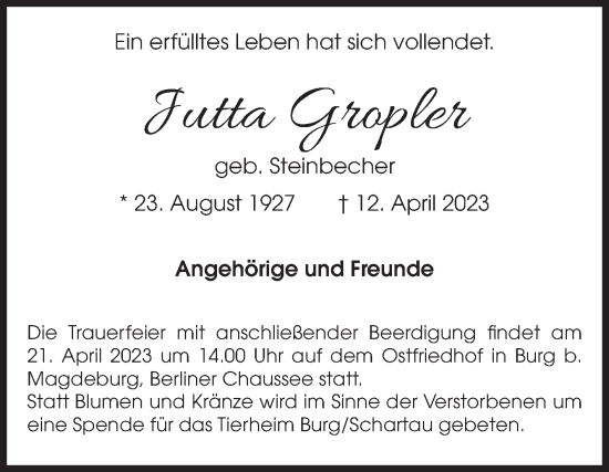 Traueranzeige von Jutta Gropler von Volksstimme Magdeburg