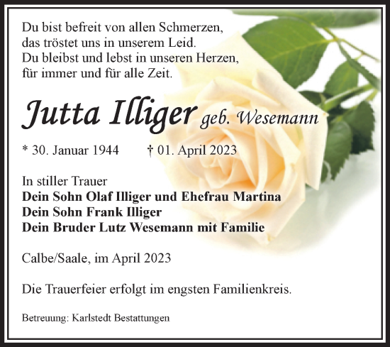 Traueranzeige von Jutta Irriger von Volksstimme Schönebeck