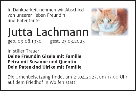 Traueranzeige von Jutta Lachmann von Trauerkombi Bitterfeld