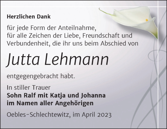 Traueranzeige von Jutta Lehmann von Trauerkombi Merseburg