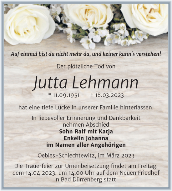 Traueranzeige von Jutta Lehmann von Trauerkombi Merseburg