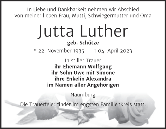 Traueranzeige von Jutta Luther von Naumburger Tageblatt
