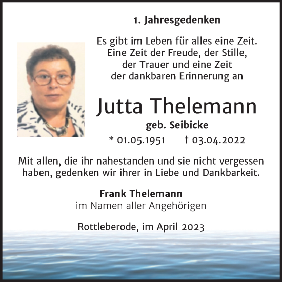 Traueranzeige von Jutta Thelemann von Trauerkombi Sangerhausen