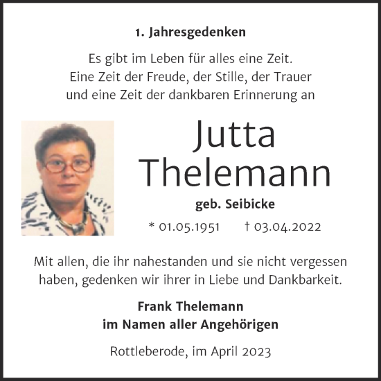 Traueranzeige von Jutta Thelemann von Wochenspiegel Naumburg/Nebra