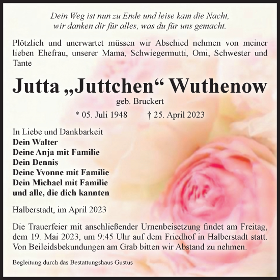 Traueranzeige von Jutta Wuthenow von Volksstimme Halberstadt