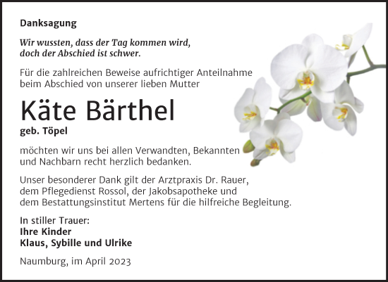 Traueranzeige von Käte Bärthel von Wochenspiegel Naumburg/Nebra