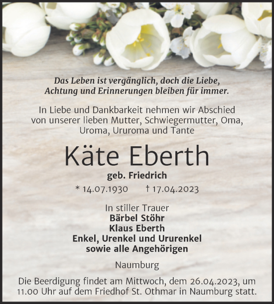 Traueranzeige von Käte Eberth von Naumburger Tageblatt
