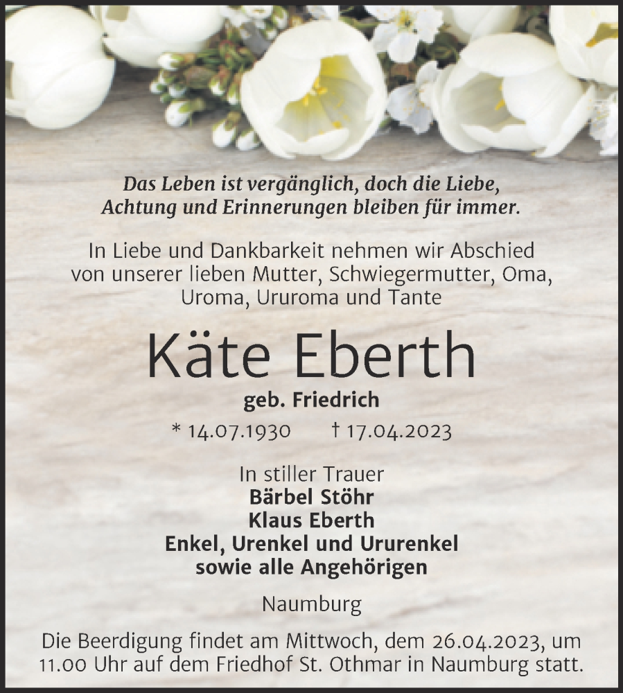  Traueranzeige für Käte Eberth vom 22.04.2023 aus Naumburger Tageblatt