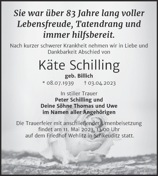Traueranzeige von Käte Schilling von Super Sonntag Merseburg/Querfurt