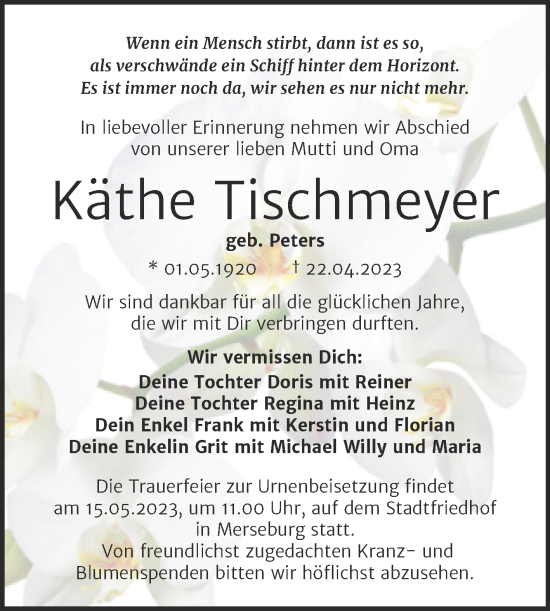Traueranzeige von Käthe Tischmeyer von Trauerkombi Merseburg