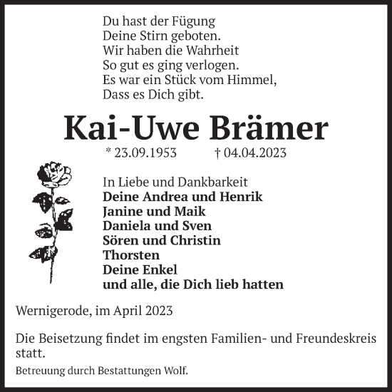 Traueranzeige von Kai-Uwe Brämer von Volksstimme Wernigerode