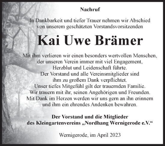 Traueranzeige von Kai-Uwe Brämer von Volksstimme Wernigerode