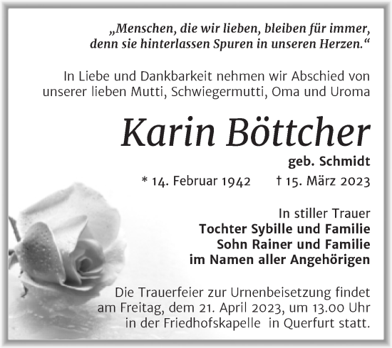 Traueranzeige von Karin Böttcher von Trauerkombi Merseburg