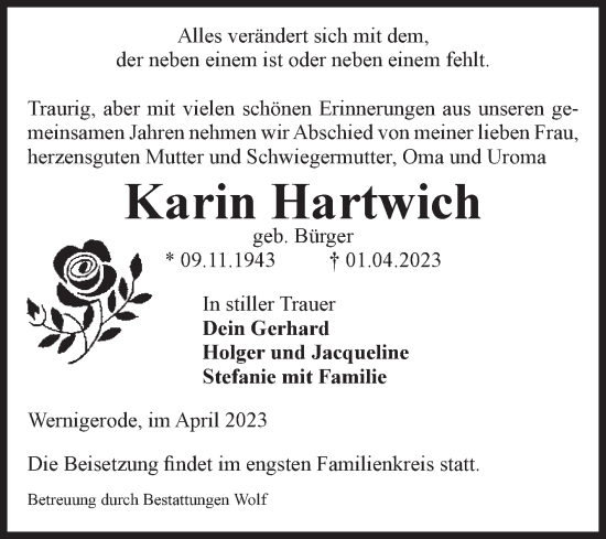 Traueranzeige von Karin Hartwich von Volksstimme Wernigerode