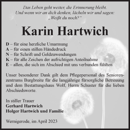 Traueranzeige von Karin Hartwich von Volksstimme Wernigerode