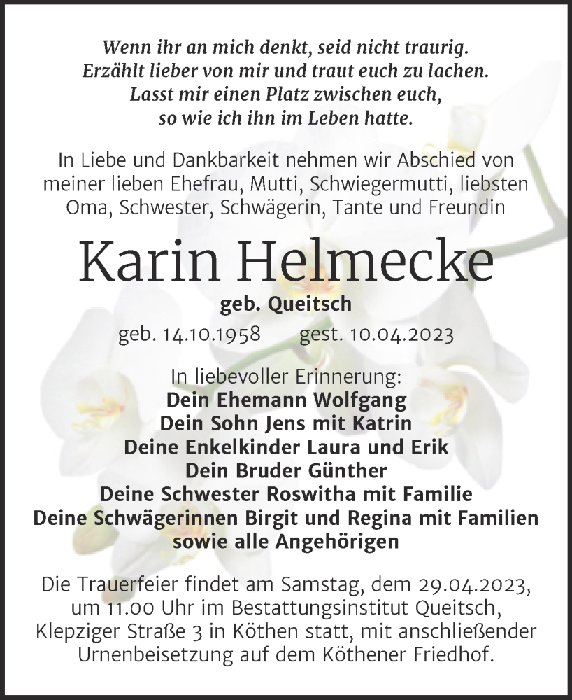  Traueranzeige für Karin Helmecke vom 15.04.2023 aus Trauerkombi Köthen
