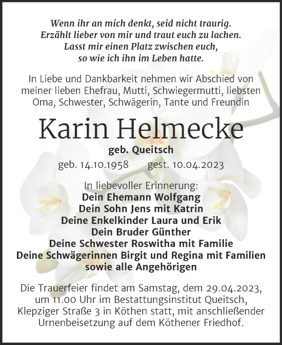 Traueranzeige von Karin Helmecke von Trauerkombi Köthen