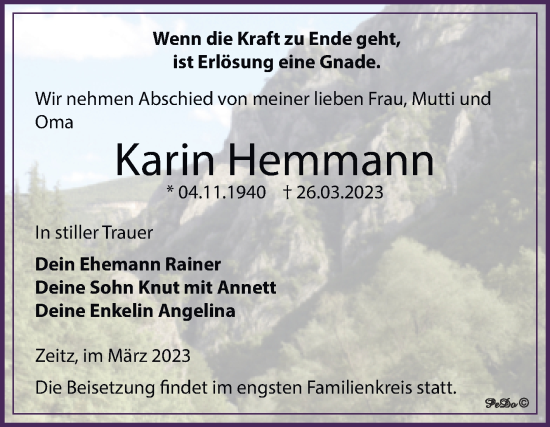 Traueranzeige von Karin Hemmann von Trauerkombi Zeitz