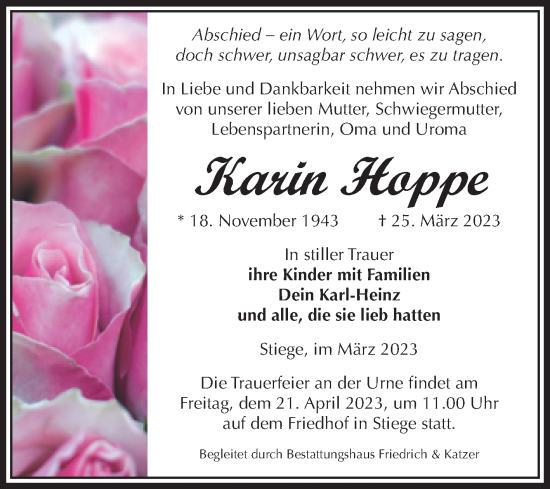 Traueranzeige von Karin Hoppe von Volksstimme Wernigerode