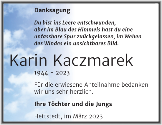 Traueranzeige von Karin Kaczmarek von Mitteldeutsche Zeitung Sangerhausen