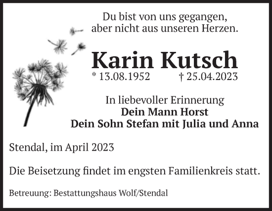 Traueranzeige von Karin Kutsch von Volksstimme Altmark Ost