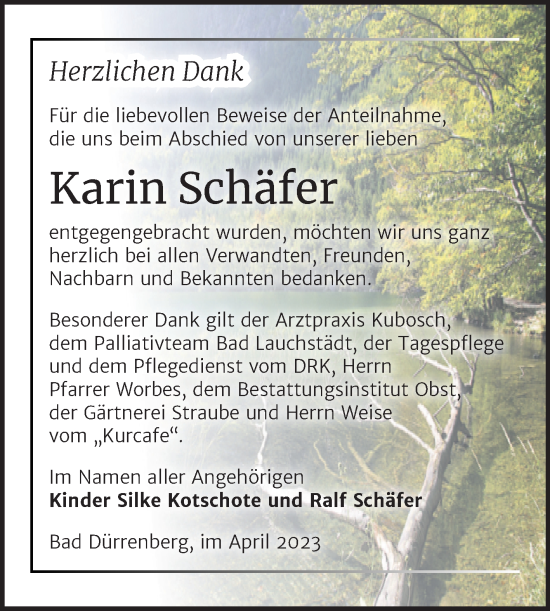 Traueranzeige von Karin Schäfer von Trauerkombi Merseburg