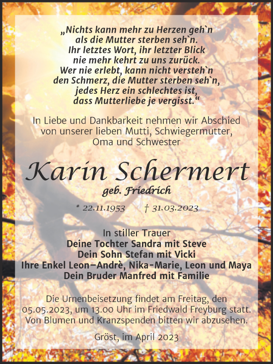 Traueranzeige von Karin Schermert von Trauerkombi Merseburg