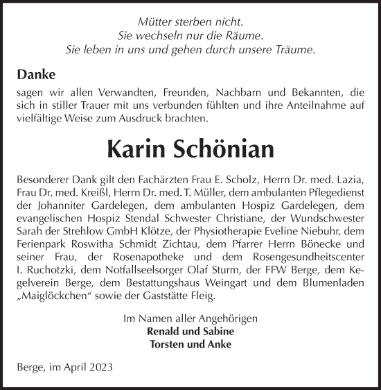 Traueranzeige von Karin Schönian von Volksstimme Altmark West