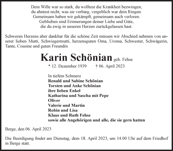 Traueranzeige von Karin Schönian von Volksstimme Altmark West