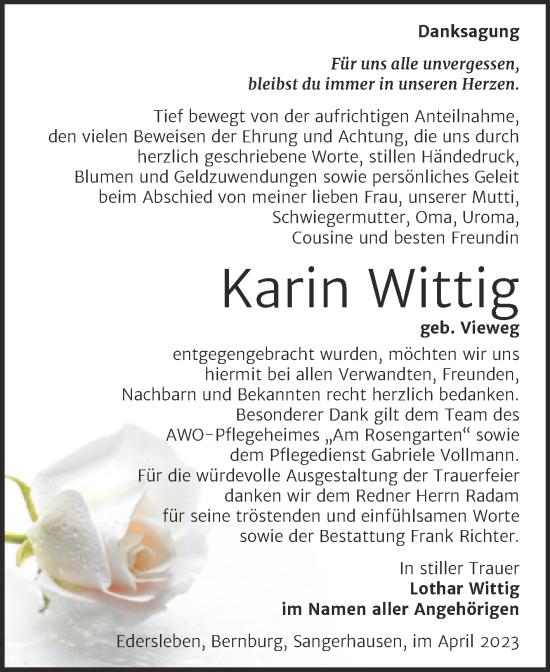 Traueranzeige von Karin Wittig von Trauerkombi Sangerhausen