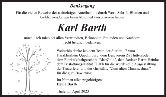 Traueranzeige von Karl Barth von Trauerkombi Quedlinburg