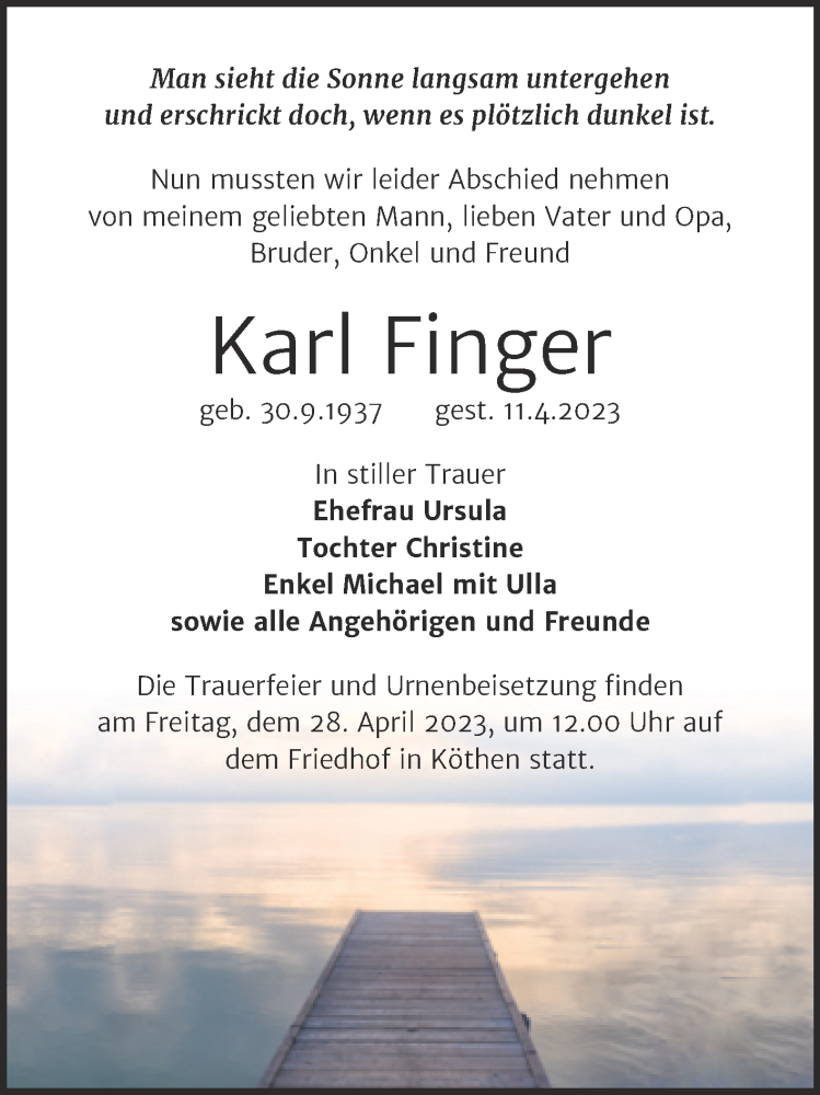  Traueranzeige für Karl Finger vom 15.04.2023 aus Trauerkombi Köthen
