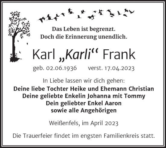 Traueranzeige von Karl Frank von Trauerkombi Weißenfels