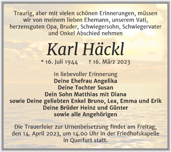 Traueranzeige von Karl Häckl von Trauerkombi Merseburg