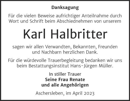 Traueranzeige von Karl Halbritter von Trauerkombi Aschersleben